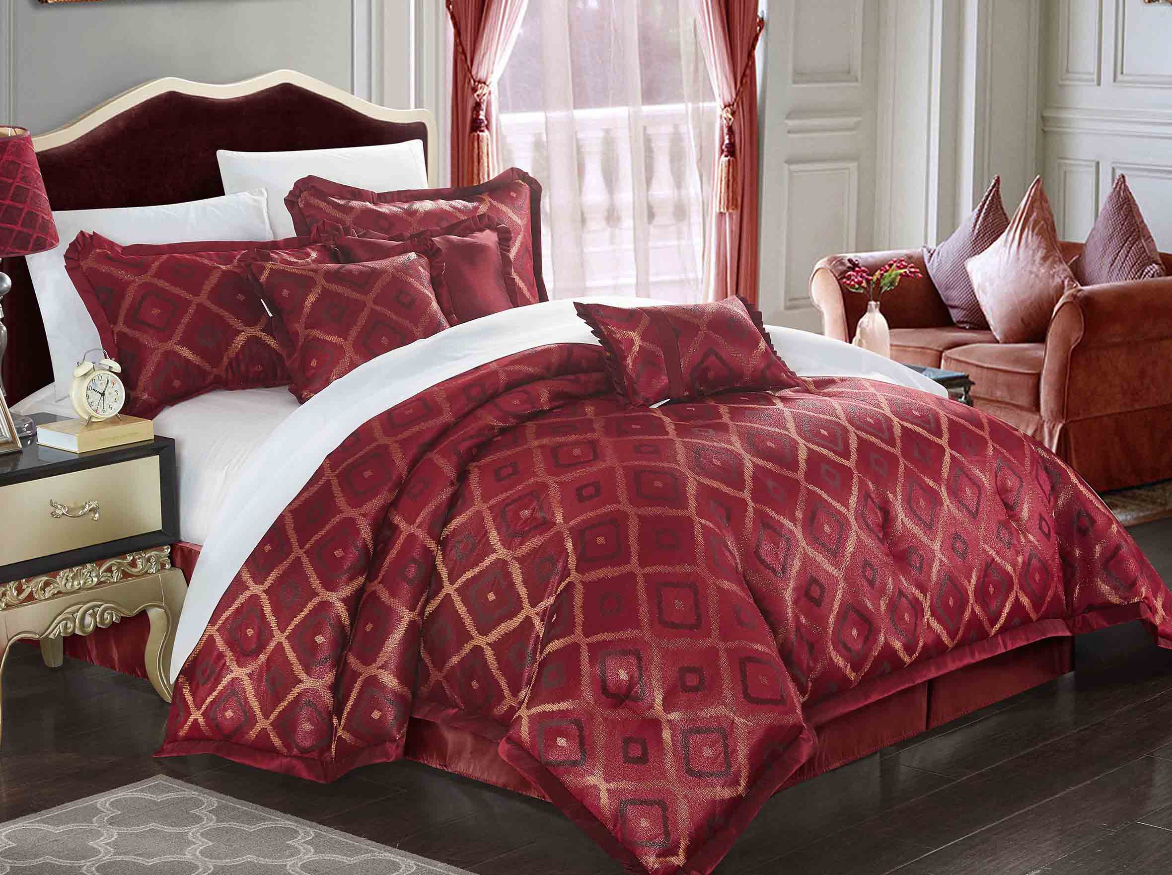 7 Piece Luxury Jacquard Comforter Set 093 Dark Red